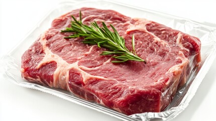 Fresh Raw Beef Steak, Ready For Cooking. Marbled Meat With Rosemary In Vacuum Package.