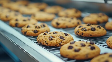 Freshly Baked Chocolate Chip Cookies On A Cooling Rack. Delicious Treat.
