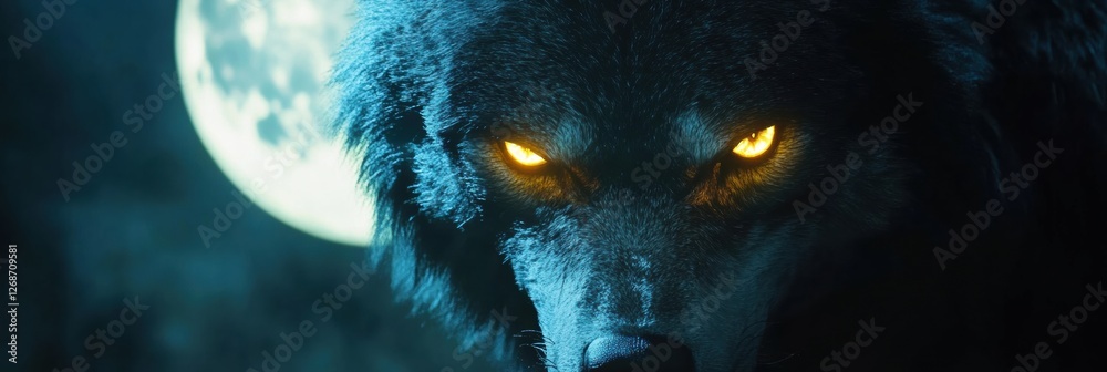 Aufkleber majestic wolf with glowing eyes gazes under a full moon in a mystical forest setting during the nigh