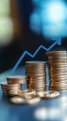 Growth in Investment Stacked Coins with Ascending Blue Graph, Financial Success, Wealth Building Investment, Finance