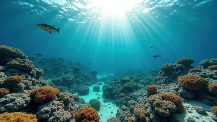 Fototapeta premium Split view of coral reef underwater and rocky desert coastline above clear blue water 