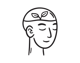 sprout growing inside brain man head doodle hand drawn icon. Outline drawing line clipart symbol sustainable eco thinking, creative idea development. 