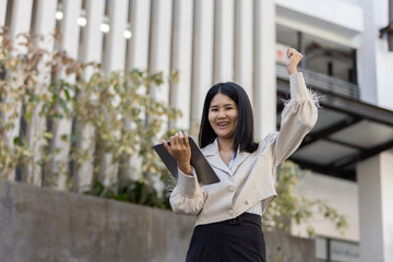 Future remote work combines technology smart phone connection online white digital business woman...