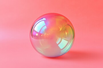 Iridescent sphere reflects light against a simple pink backdrop