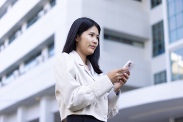 Future remote work combines technology smart phone connection online white digital business woman...