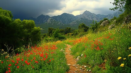 Serene Mountain Path Through Wildflowers Under Dramatic Sky