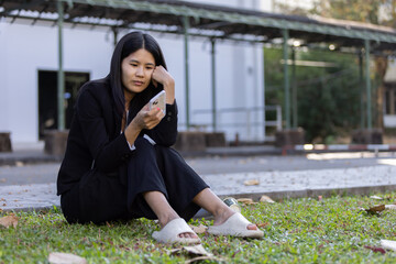 Future remote work combines technology smart phone digital business woman enable e-learning...