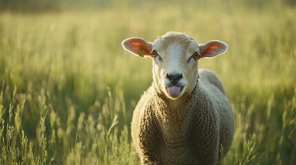Obraz premium Sheep playfully sticking out its tongue, a moment of lighthearted charm.