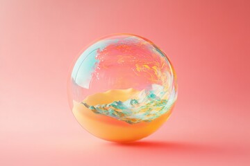 Colorful landscape captured inside a transparent sphere against pink background