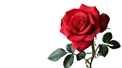 Blooming red rose with green leaves on transparent background