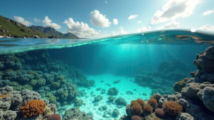 Split view of coral reef underwater and rocky coastline above clear turquoise water	
