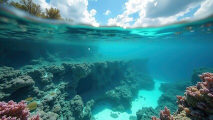 Fototapeta premium Split view of coral reef underwater and rocky coastline above clear turquoise water 