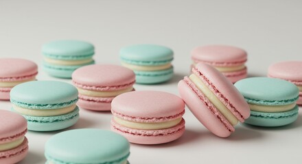 Fototapeta premium Pastel Macarons Sweet Treats Displayed on White Background for Dessert