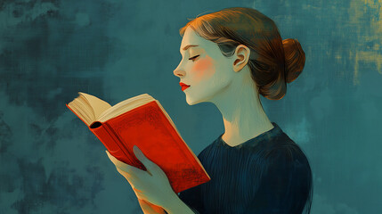 an illustration of a woman reading a bible, representation of spirituality and catholism