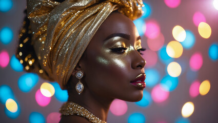A captivating close-up of a fantasy African woman with golden shiny black skin, metallic makeup, an Arab turban, and exquisite jewelry, radiating elegance against a deep blue marble backdrop, created 