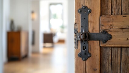 Rustic Charm: A Close-Up of an Antique Wooden Door with Intricate Metal Hardware