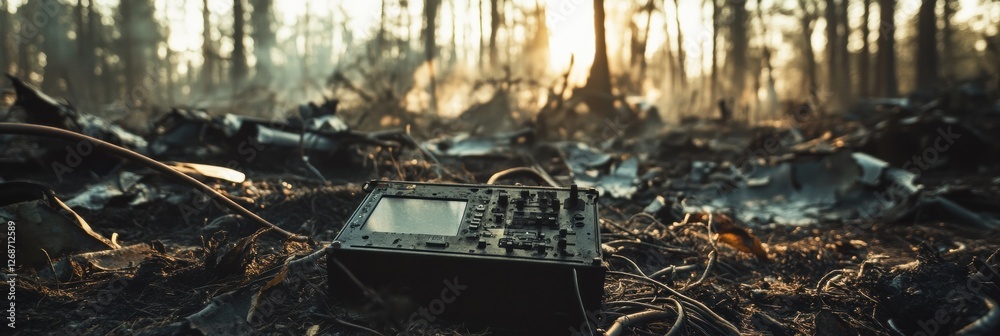 Poster black box recorder discovered among scattered airplane parts in a forest after an accident. generati