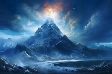 Icebergs, snowy mountains with beautiful glowing lights and clouds generative ai