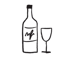 glass and bottle of wine grunge doodle hand drawn icon. Outline drawing a wedding, a romantic dinner, or a date line clipart symbol