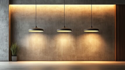 Contemporary Room Featuring Industrial Concrete Wall Accented by Three Stylish Lamps Casting Warm Light Creating a Cozy and Inviting Atmosphere Perfect for Relaxation and Comfort