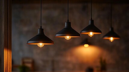 Obraz premium Elegant Trio of Black Pendant Lights Suspended Gracefully from a Chic Wooden Ceiling Enhancing the Contemporary Atmosphere of a Stylish Interior Space with Modern Aesthetic Appeal and Warm Ambiance