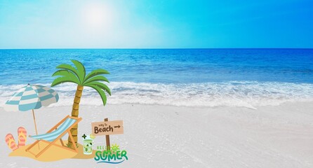 Beach Bliss: Escape to paradise with this serene beach scene. A lone lounge chair beckons under a striped umbrella, nestled beneath swaying palm trees on a pristine white sand beach.