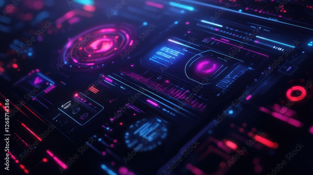 Aufkleber Visually striking futuristic interface with vibrant colors and dynamic displays in a digital technology setting. Generative AI