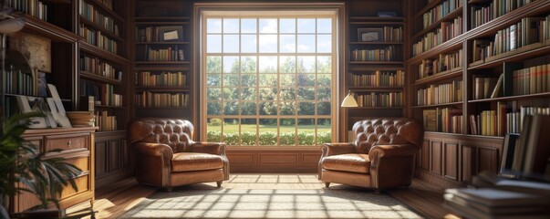 Sunlit library study with leather chairs, bookshelves, and garden view; ideal for calm, reading, or relaxation