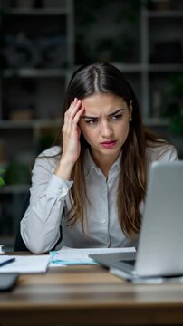 Frustrated young businesswoman sitting in front of her laptop, vertical footage