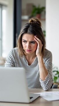 Frustrated woman sitting in front of her laptop, vertical footage