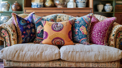 Bohemian-style living room showcasing eclectic pillows and earthy tones in a relaxed setting