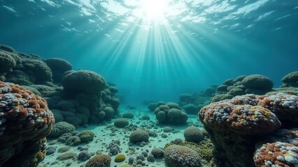 Fototapeta premium Underwater view of a coral reef with sunlight rays filtering through clear ocean 