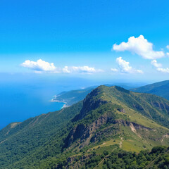 Fototapeta premium Green mountain range under blue sky and white cloud with ocean view and feel fresh air and peaceful in beautiful day and impressive sunlight on top