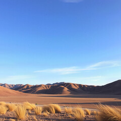 Naklejka premium Desert landscape with mountain, sand, dry grass and blue sky, scene showcases tranquil expanse where nature simplicity evokes sense of peaceful isolation