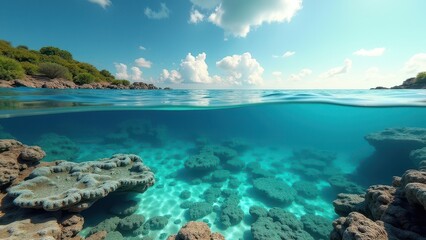 Fototapeta premium Crystal clear tropical lagoon with coral formations and lush green coastline 