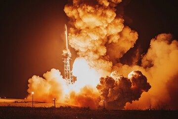 Rocket launch lights up the night sky at launch site with powerful flames and smoke trails rising into space. Generative AI