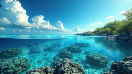 Naklejka premium Crystal clear tropical lagoon with coral formations and lush green coastline 