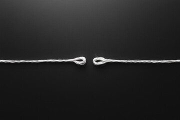 Fototapeta premium Two strings, one long and one short, are neatly tied together by knots, creating a harmonious juxtaposition. The minimalist black backdrop emphasizes the elegant design and craftsmanship