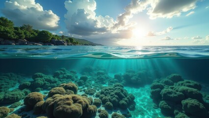 Split view of a coral reef underwater and a dramatic sky with sun above ocean	