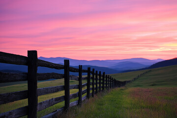 Obraz premium Country Sunset. fence leads your eyes into distance and feel freedom