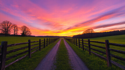 Fototapeta premium Dramatic sunset sky over rural road, showcasing nature beauty