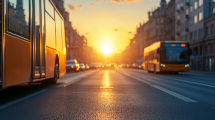 Obraz premium Golden sunset bathes city streets filled with cars and buses gives warm feel