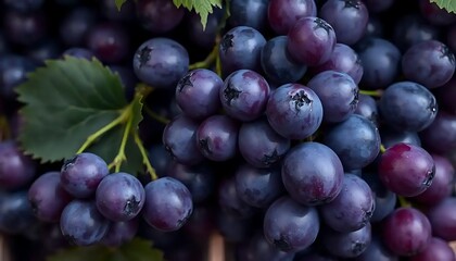 Fototapeta premium Cluster of ripe concord grapes with vibrant green leaves