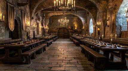 Fototapeta premium Lavish Medieval Banquet Hall with Stone Walls and Candlelight