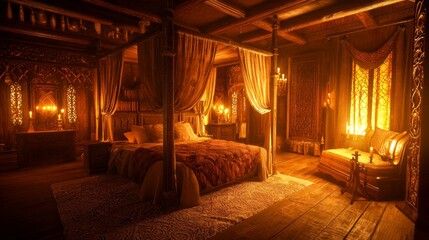 Obraz premium Luxurious Medieval Bedroom with Four Poster Bed and Warm Lighting