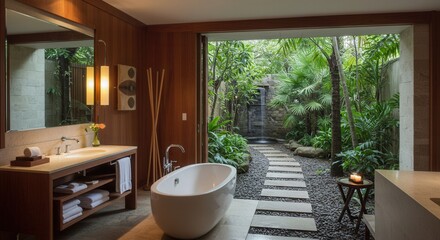 Fototapeta premium Luxurious Bathroom Featuring Garden View with Bathtub and Tropical Plants