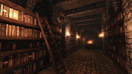 Fototapeta premium Medieval Library Interior with Towering Shelves and Warm Lighting