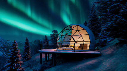 stunning glass domed cabin in snowy landscape, illuminated under vibrant northern lights. serene atmosphere invites relaxation and wonder
