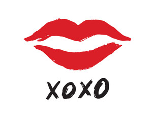 pink red lipstick kiss symbol, hugs and kisses text xoxo. lips xo xo doodle hand drawn icon. Drawing line clipart symbol