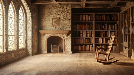Cozy Medieval Room with Wooden Chair and Bookshelf Background
